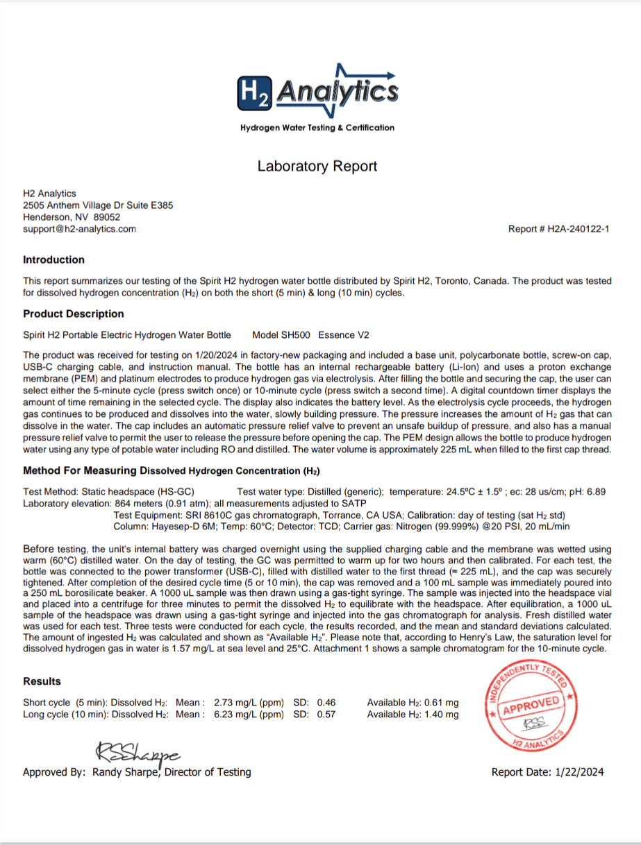 H2 Analytics Lab Report for the Spirit H2 portable H2 water bottle. Spirit H2 creates 6.23 ppm of dissolved molecular hydrogen
